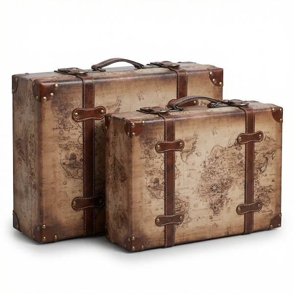 Vintiquewise Old World Map Leather Vintage Style Suitcase with Straps, PK 2 QI003048.2 - main