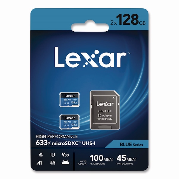 Lexar High Performance BLUE Series microSDXC Memory Card with Adapter, UHS-I V30 U1 Class 10, 128 GB, 2PK LSDMI128-B2U633 - main