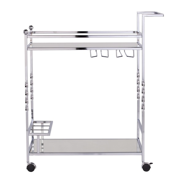 Homeroots 29in Silver Metal and Mirrored Glass Rolling Bar Cart With Wine Storage 402582 - main