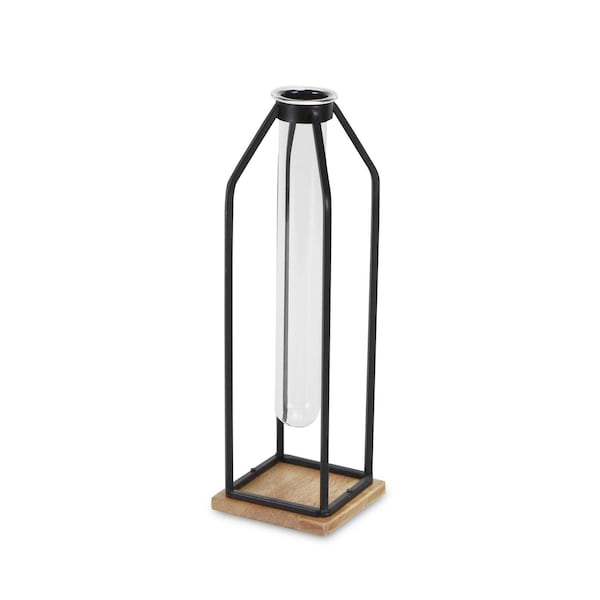 Homeroots 12" Black Clear And Natural Metal Glass And Wood Posy Test Tube Table Vase 488181 - main