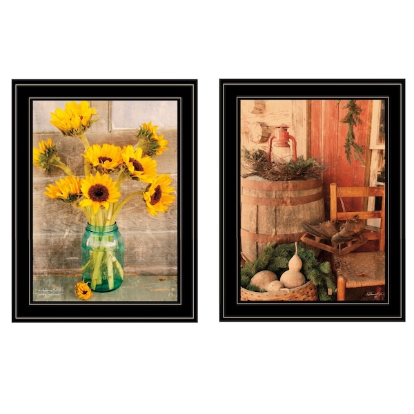 Homeroots Set Of Two Vintage Country and Sunflowers 2 Black Framed Print Wall Art, 2PK 406038 - main