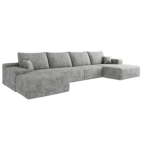 Homeroots 135" Gray Corduroy Modular Compression Foam Sofa With Ottoman And Toss Pillows 712947 - main