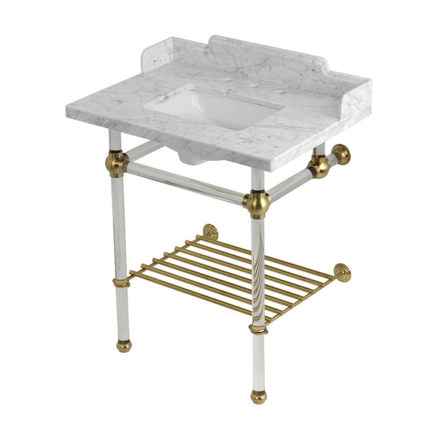 Kingston Brass 30-Inch Carrara Marble Console Sink with Acrylic Legs and Shelf, 8-Inch, 3-Hole LMS30MASQB7 - main