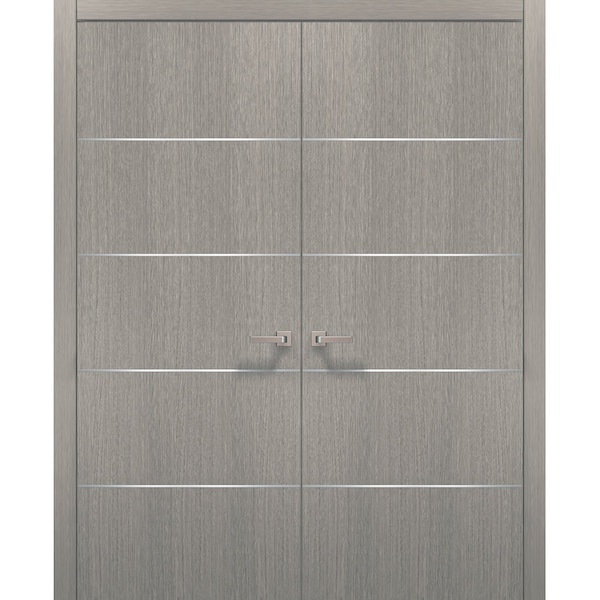 Sartodoors French Double Interior Doors with Hardware, Planum 0020 Grey Oak, Panel Frame Trims, Bathroom Bedro PLANUM0020DD-SD-3696 - main