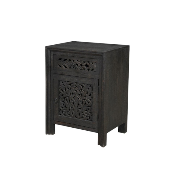 Homeroots 30" Black Solid Wood Distressed Carved Floral One Drawer Nightstand 569582 - main
