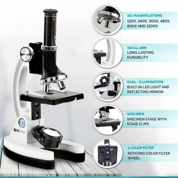 Amscope IQCrew By M30 52-pcs STEM Microscope Kit for Kids 120X-1200X w/Metal Body, Plastic Slides, LED Light, M30-ABS-KT2-W-EXCL1-C - main