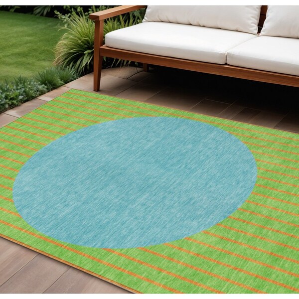 Homeroots 8' X 10' Lime Green And Blue Striped Washable Indoor Outdoor Area Rug 597178 - main