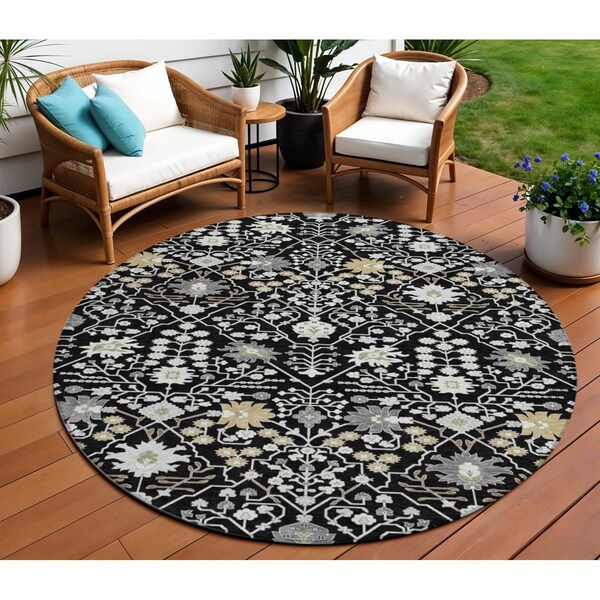 Homeroots 8' Black Ivory And Gray Round Oriental Washable Indoor Outdoor Area Rug 598024 - main