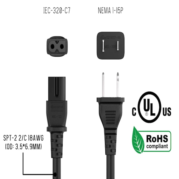 Sanoxy 15ft 18 AWG 2-Slot Polarized Notebook Power Cord IEC320 C7 to NEMA 1-15P SNX-CBL-LDR-PW129-1215 - main