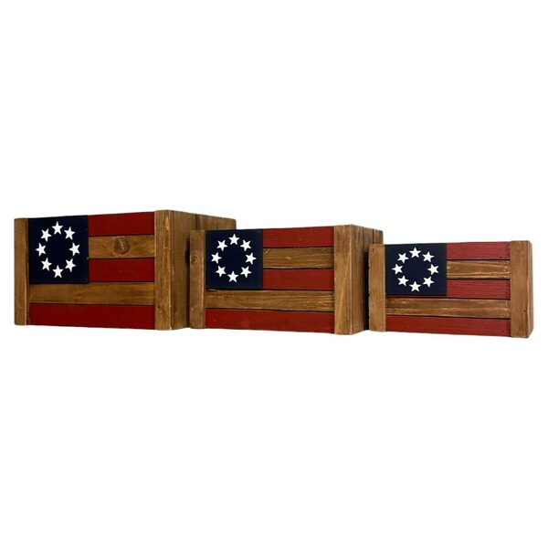 Homeroots Set of Three Brown Red White And Blue Americana Solid Wood Boxes, 3PK 636201 - main