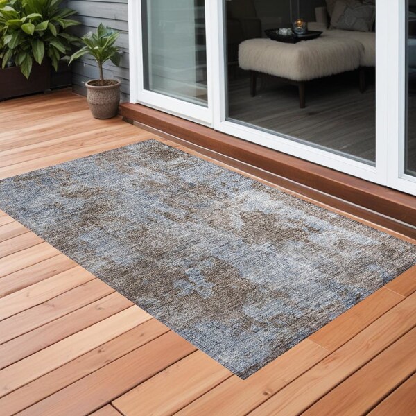 Homeroots 3' X 5' Mocha and Blue Abstract Washable Non Skid Indoor Outdoor Area Rug 564245 - main
