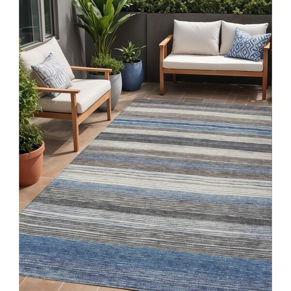 Homeroots 5' X 8' Denim Blue Beige And Taupe Striped Washable Indoor Outdoor Area Rug 618257 - main