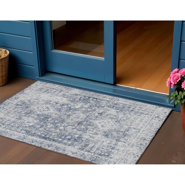 Homeroots 3' X 5' Navy Blue Oriental Washable Indoor Outdoor Area Rug 607608 - main
