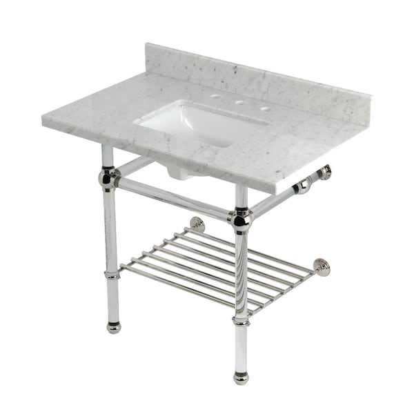 Kingston Brass 36-Inch Carrara Marble Console Sink with Acrylic Legs and Shelf, 8-Inch, 3-Hole KVPB3630MASQB6 - main