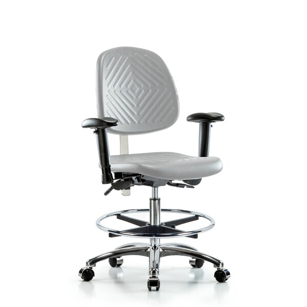 Blue Ridge Ergonomics CL100CleanRoom Chair-Med Bench Ht with Med Back, Adj Arms, Chrome Foot Ring, &Casters in Gray Poly NCR-PMBCH-MB-CR-T0-A1-CF-CC-GRY - main
