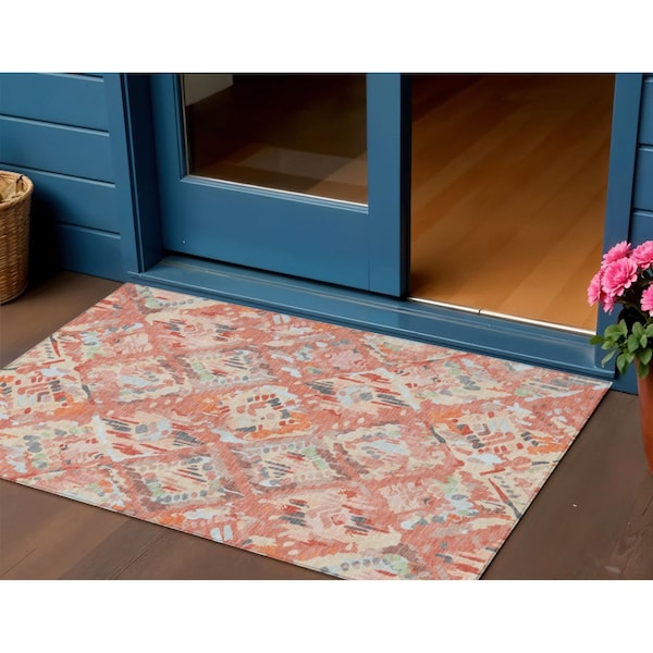 Homeroots 3' X 5' Coral And Orange Geometric Washable Indoor Outdoor Area Rug 609130 - main
