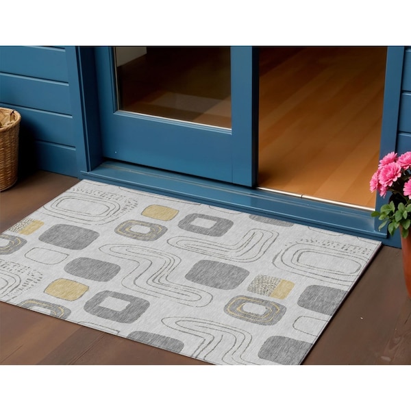 Homeroots 3' X 5' Gray Silver And Gold Geometric Washable Indoor Outdoor Area Rug 616808 - main
