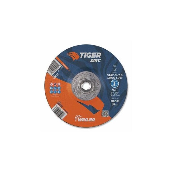 Weiler Tiger Zirc Cutting Wheel, 6 in dia, 0.045 in Thick, 5/8 in-11 UNC Arbor, Zirconia Alumina, Type, 10PK 804-58032 - main