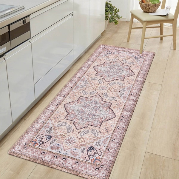World Rug Gallery Traditional Medallion Cushioned Anti Fatigue Standing Kitchen Mat 18 ft x 47 ft Beige WR11BEIGE18X47 - main