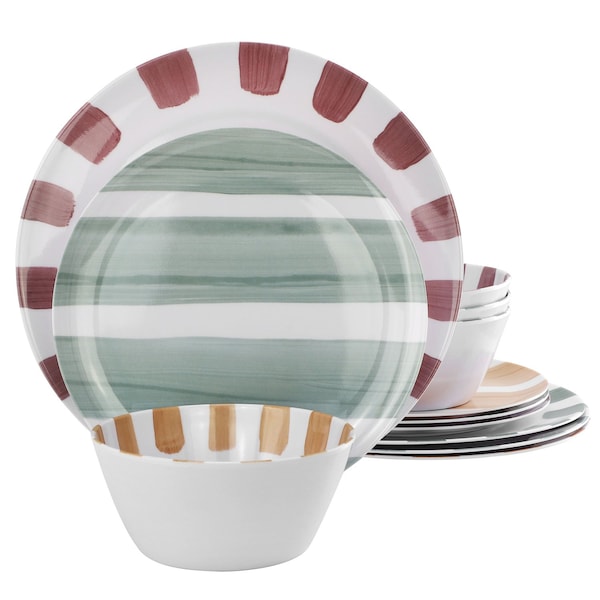 Gibson Home Cottage Stripes 12 Piece Melamine Dinnerware Set in White and Multi 750123516M - main