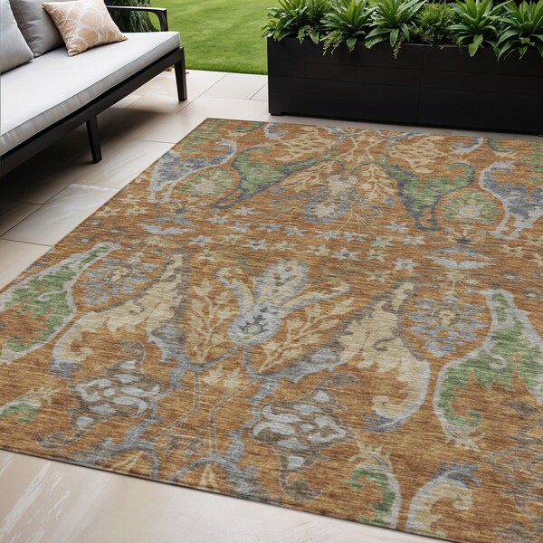 Homeroots 5' X 8' Copper Green And Beige Floral Washable Indoor Outdoor Area Rug 605278 - main