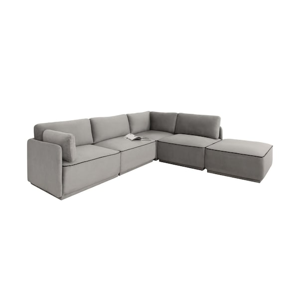 Homeroots Modern Light Gray Velvet and Black Sectional Sofa with Ottoman 473582 - main