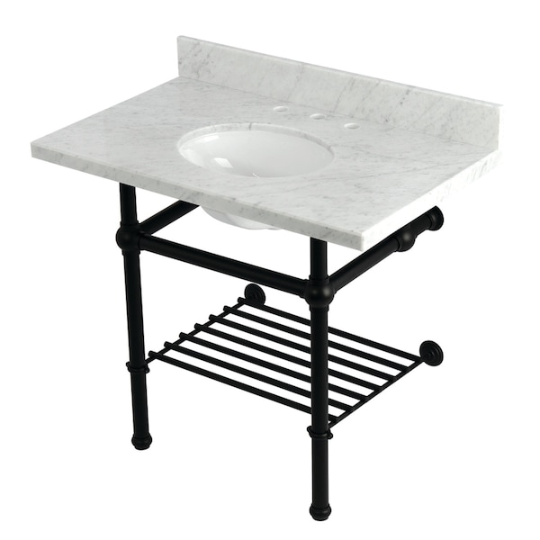Kingston Brass 36-Inch Carrara Marble Console Sink with Brass Legs and Shelf, 8-Inch, 3-Hole KVPB3630MBB0 - main