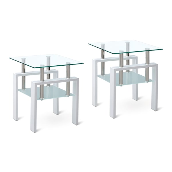 Homeroots Set of Two Clear and White Glass and Metal Square End Tables With Shelf, 2PK 635681 - main