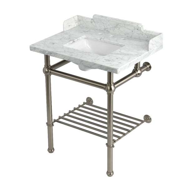 Kingston Brass 30-Inch Carrara Marble Console Sink with Brass Legs and Shelf, 8-Inch, 3-Hole LMS30MBSQB8 - main