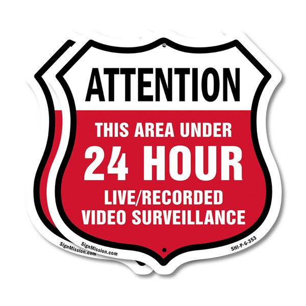 Signmission 24 Hour Surveillance Shield Sign Attenti, 6 inch X 6 inch, Plastic Sign, 2PK SHI-P-2PACK-6-353 - main