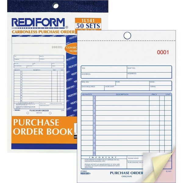 Rediform Rediform Purchase Order Book, 3-Part, Carbonless, 5-1/2" x 7-7/8", 50 Sets/Book 1L141 - main