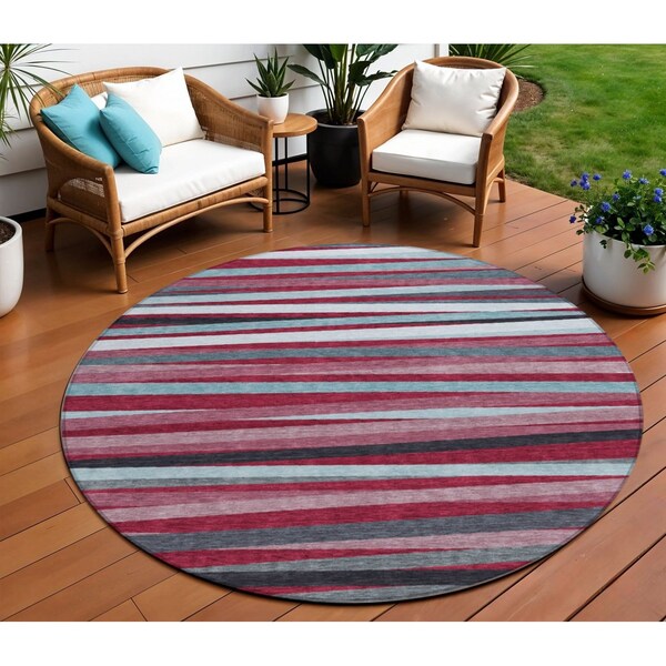 Homeroots 8' Burgundy Ivory And Blue Round Striped Washable Indoor Outdoor Area Rug 597309 - main