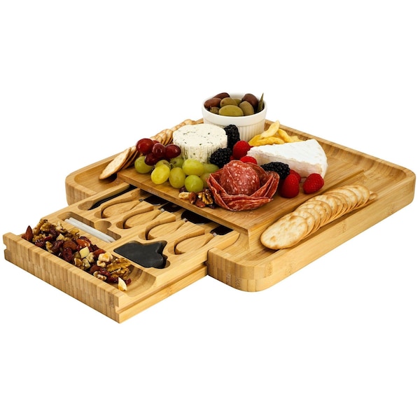 Megachef Bamboo Charcuterie Cheese Board with Slide Out Drawer with Cheese Utensils 750122133M - main