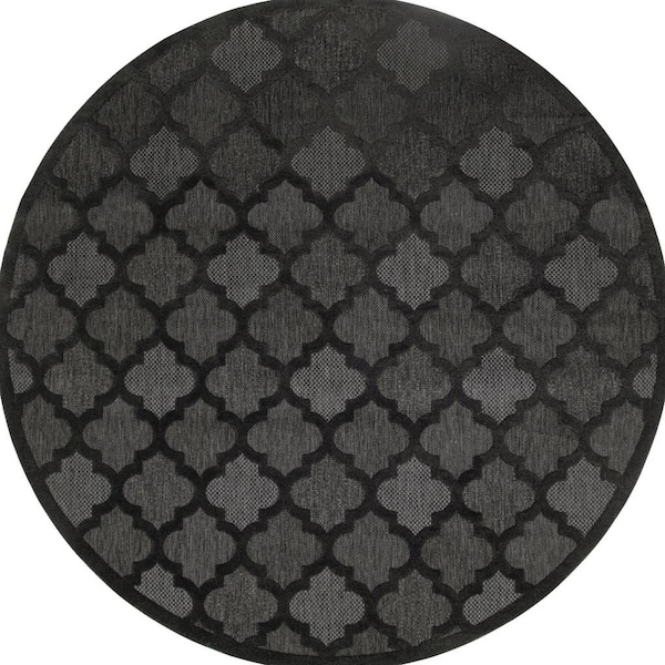 Homeroots 10' Charcoal And Black Round Trellis Indoor Outdoor Area Rug 545218 - main