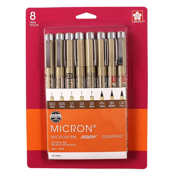 Sakura Pigma Micron Pens, Sepia, Assorted Sizes, 8-Piece Set, Blister Card 50048 - main
