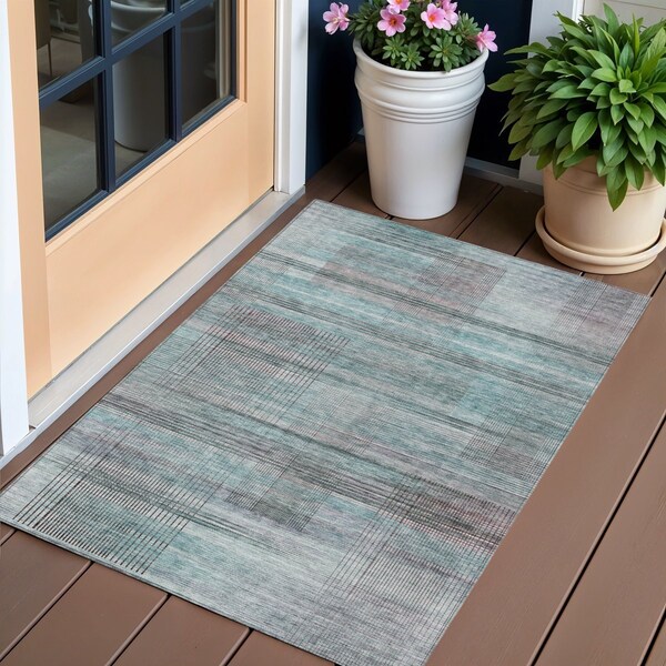 Homeroots 3' X 5' Teal Blue Gray And Charcoal Striped Washable Indoor Outdoor Area Rug 588070 - main
