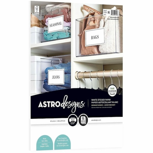 Astrobrights Astrodesigns Sticker Paper Labels, Inkjet/Laser Printers, 8.5 x 11, White, 15PK 91296-01 - main