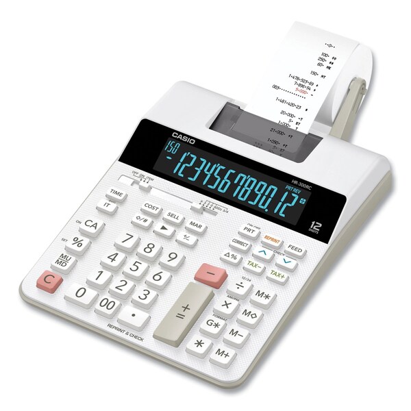 Casio 12-Digit Printing Calculator, Black/Red Print, 2 Lines/Second, White HR-300RC - main