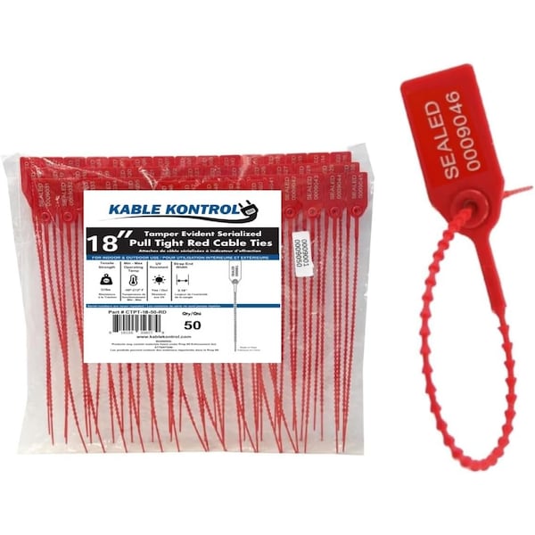 Kable Kontrol Pull Tight Cable Zip Tie Seals, Numbered Tamper Evident, 18in L, 50 Lbs Strength, 50Pcs, Red, 50PK CTPT-18-50-RD - main