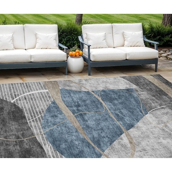Homeroots 9' X 12' Blue Gray And Charcoal Abstract Washable Indoor Outdoor Area Rug 587576 - main