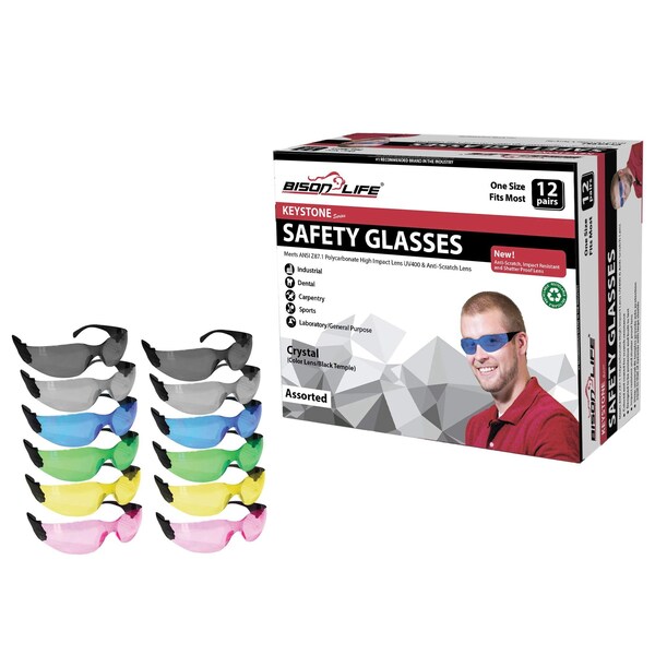 Bison Life Keystone, Safety Glasses, Anti-Scratch, Assorted: Green, Pink, Blue, Gray, Yellow, Black Lens BL-KSSG1-CLBT-ADP-12 - main