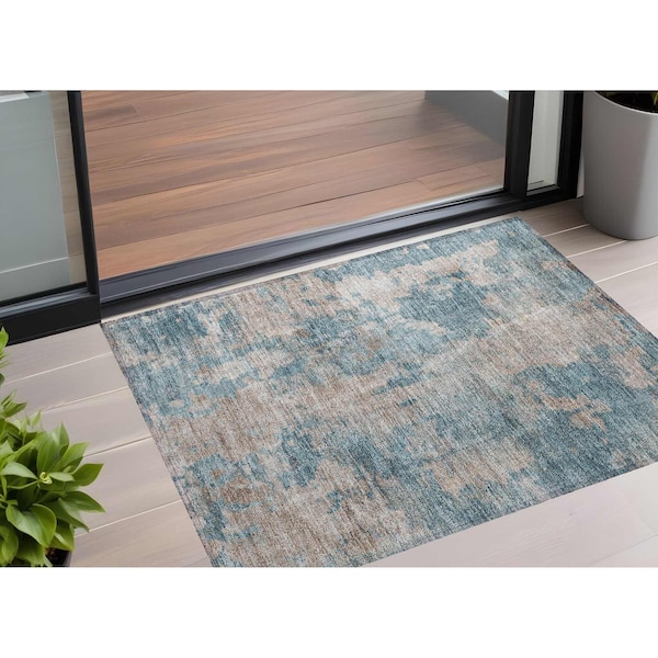 Homeroots 2' X 3' Teal and Taupe Abstract Washable Non Skid Indoor Outdoor Area Rug 564287 - main