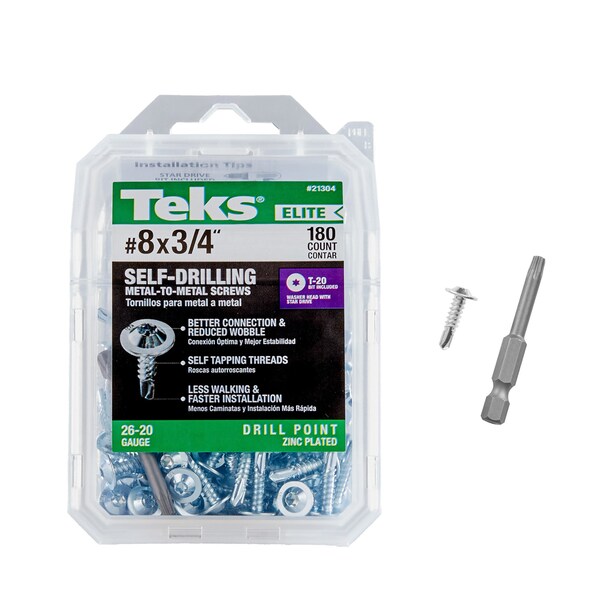 Teks #8 x 3/4 in Metal-to-Metal Screws, Low Profile, Drill Point, Star Drive, w/ T-20 Bit, Zinc, 180PK 21304 - main