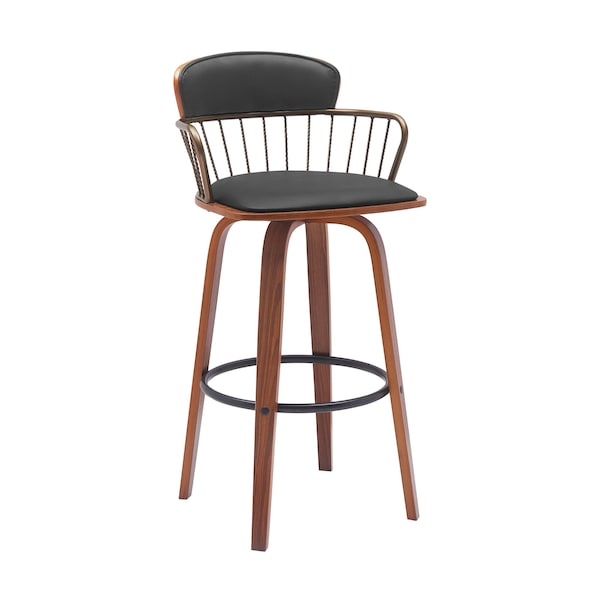 Homeroots 30" Black And Wood Brown Faux Leather Swivel Low Back Bar Height Bar Chair 534445 - main