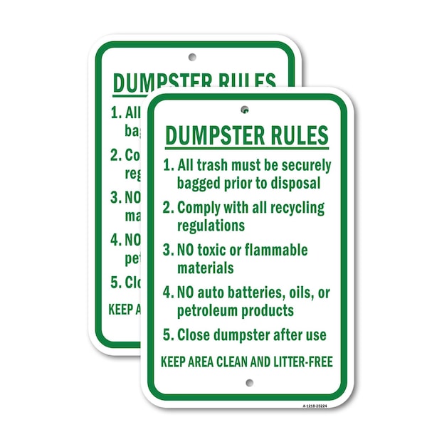 Signmission Dumpster Rules 1. All Trash Must Be Securely Bagge, 12'' X 18'' 2 Signs, Heavy Gauge Aluminum, 2PK A-1218-2PACK-25224 - main