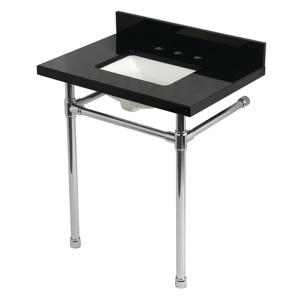 Kingston Brass 30-Inch Black Granite Console Sink with Stainless Steel Legs, 8-Inch, 3-Hole KVPK30K8SQ1ST - main