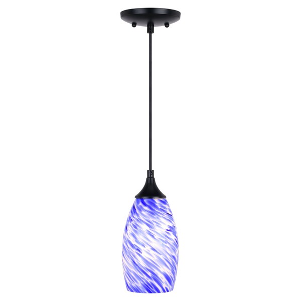 Vaxcel Milano Matte Black Mini Pendant Ceiling Light with Blue Swirl Art Glass P0384 - main