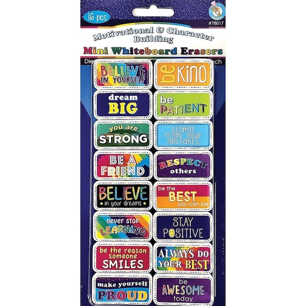 Ashley Productions Non-Magnetic Mini Whiteboard Erasers, Motivational/Character Building, 16PK 78017 - main
