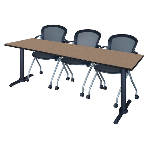 Regency Cain T-Base Training Seminar Table W/ 3 Cadence Stack Chairs, 84 in W, 24 in L, Noble Oak MTRCT8424NO23BK - main