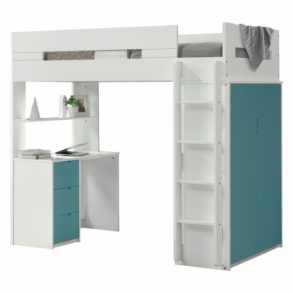 Homeroots White And Teal Twin Loft Bed And Desk 318774 - main